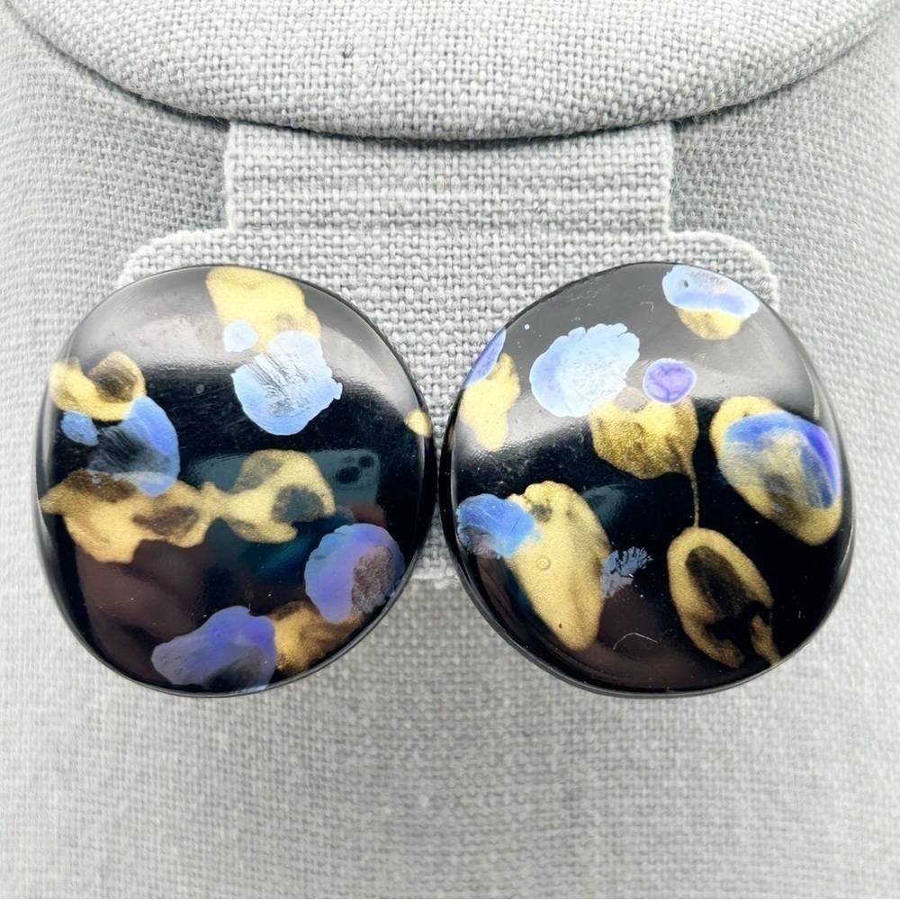 Vintage Round Black Clip On Earrings with Blue, Purple & Gold Floral Abstract